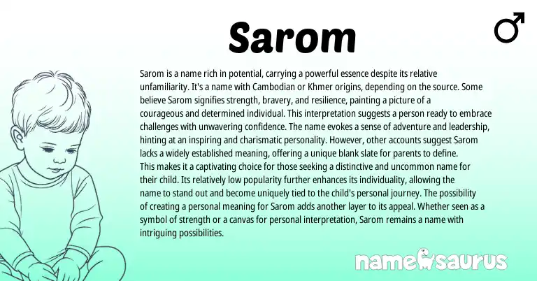 Infographic about Sarom name meaning, Sarom is a name from Odia, Cambodian origin(s).