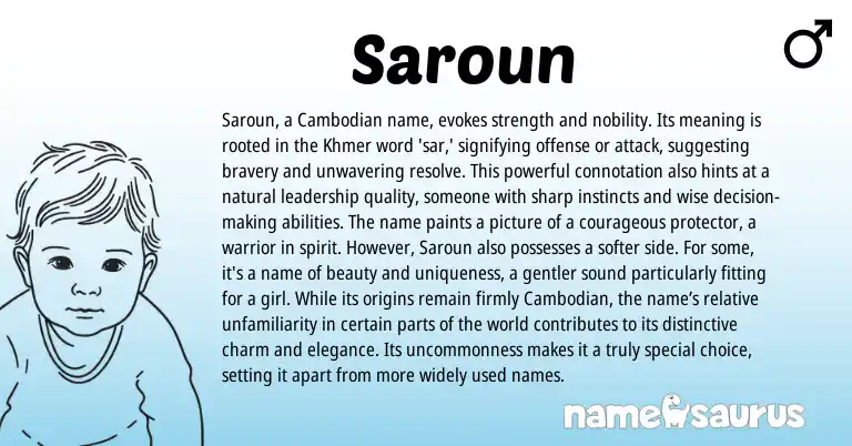 Infographic about Saroun name meaning, Saroun is a name from Khmer, Cambodian origin(s).