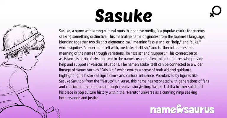Infographic about Sasuke name meaning, Sasuke is a name from Japanese, Popular Culture origin(s).