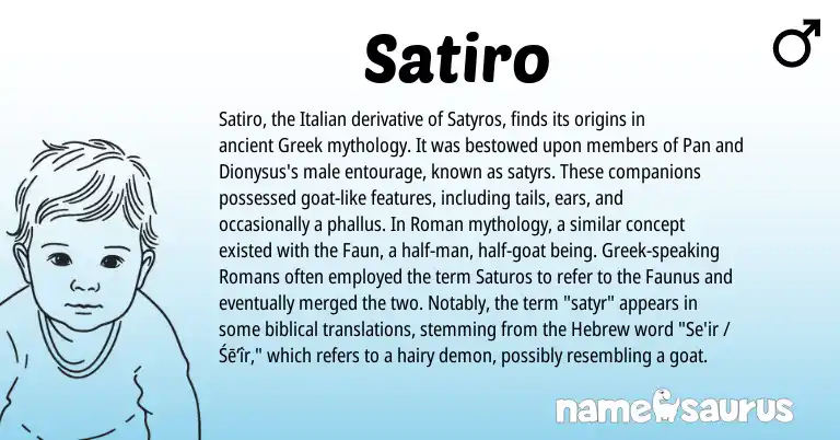 Infographic about Satiro name meaning, Satiro is a name from Roman, Greek, Hebrew, Italian origin(s).