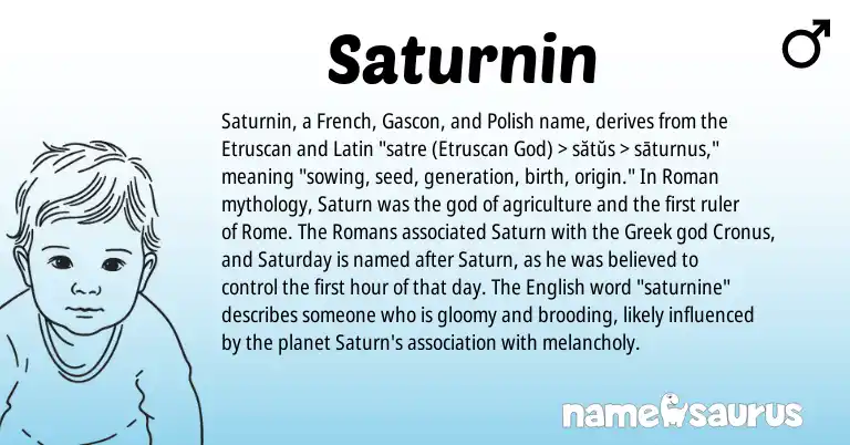 Infographic about Saturnin name meaning, Saturnin is a name from Polish, Greek, English, Etruscan, French, Latin, Roman, Gascon origin(s).
