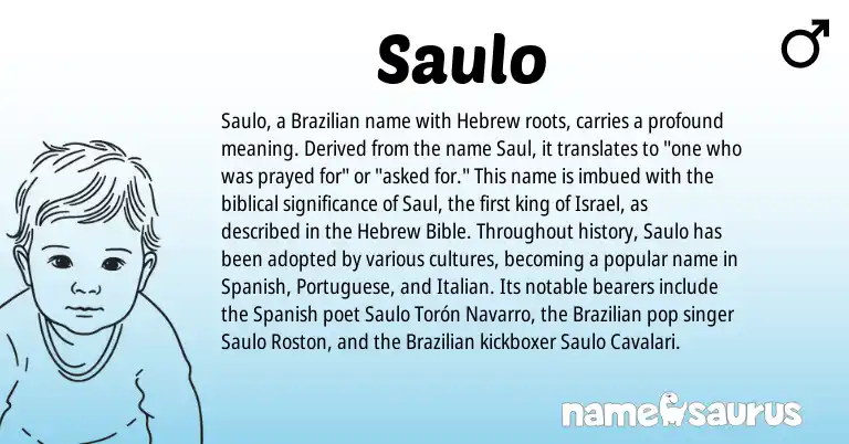 Infographic about Saulo name meaning, Saulo is a name from Portuguese, Spanish, Brazilian, Hebrew, Italian origin(s).