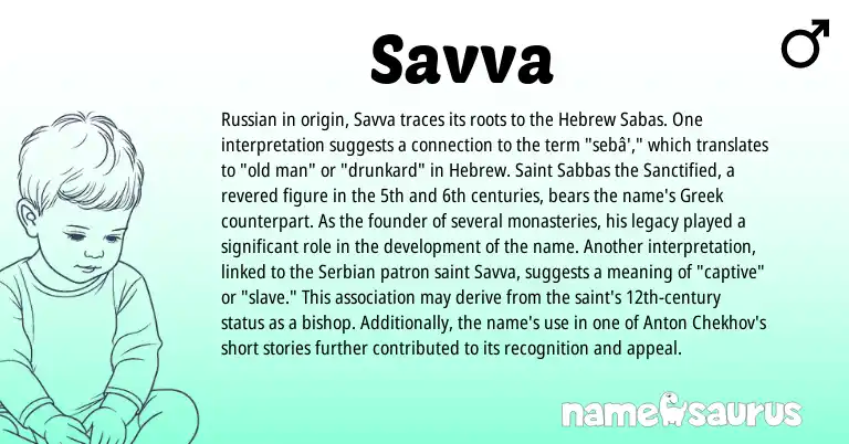 Infographic about Savva name meaning, Savva is a name from Russian, Serbian, Hebrew, Greek origin(s).