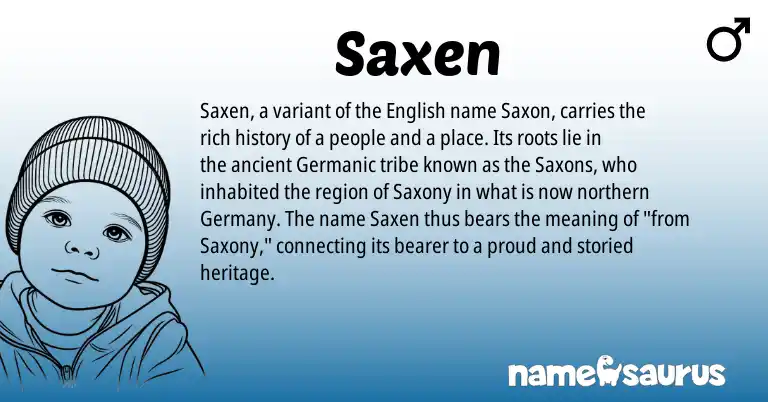 Infographic about Saxen name meaning, Saxen is a name from Saxon, English, Germanic origin(s).