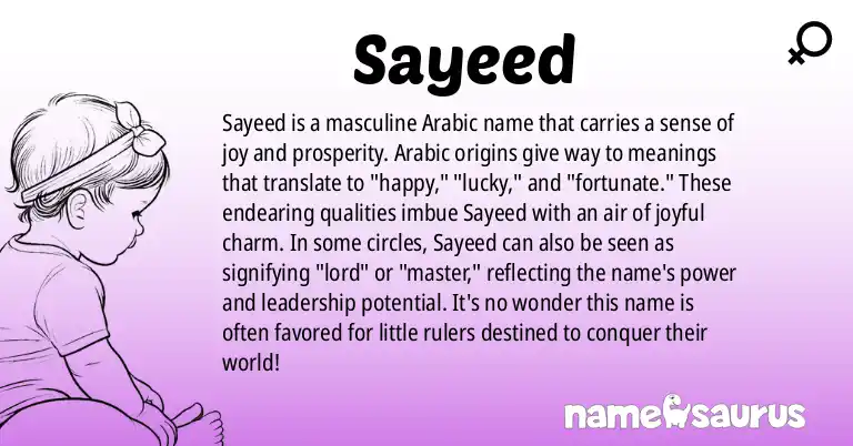 Infographic about Sayeed name meaning, Sayeed is a name from Arabic origin(s).
