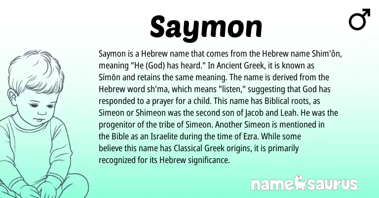 Infographic about Saymon name meaning, Saymon is a name from Ancient Greek, Hebrew, Greek origin(s).