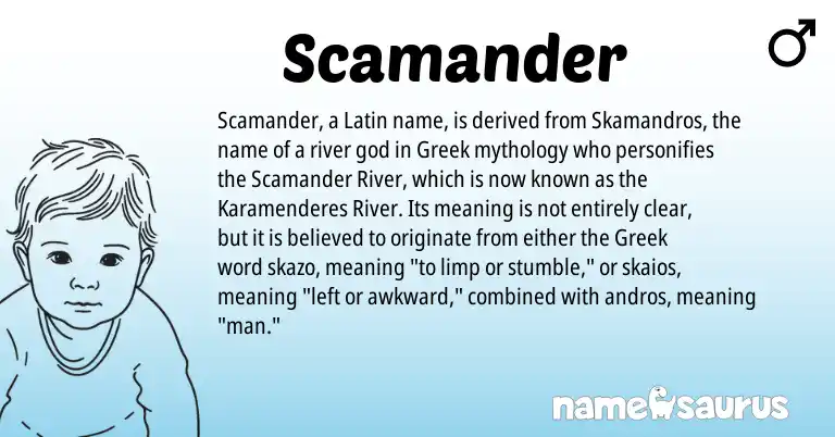 Infographic about Scamander name meaning, Scamander is a name from Latin, Greek origin(s).