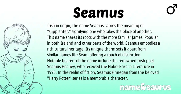 Infographic about Seamus name meaning, Seamus is a name from Irish, Ireland, Literature origin(s).