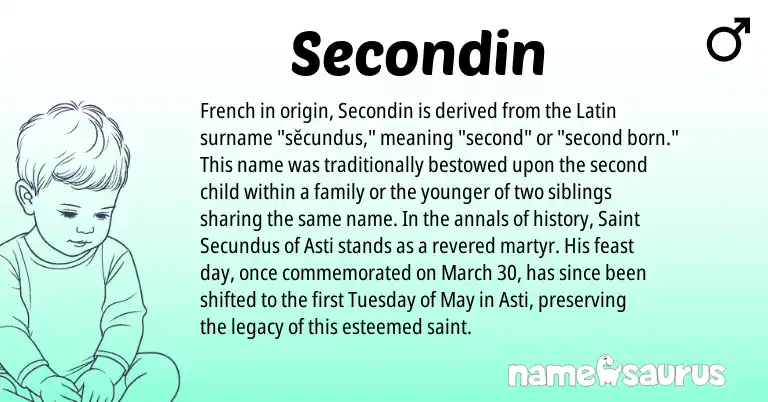 Infographic about Secondin name meaning, Secondin is a name from French, Latin origin(s).