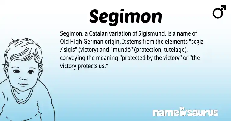 Infographic about Segimon name meaning, Segimon is a name from Old High German, Catalan origin(s).
