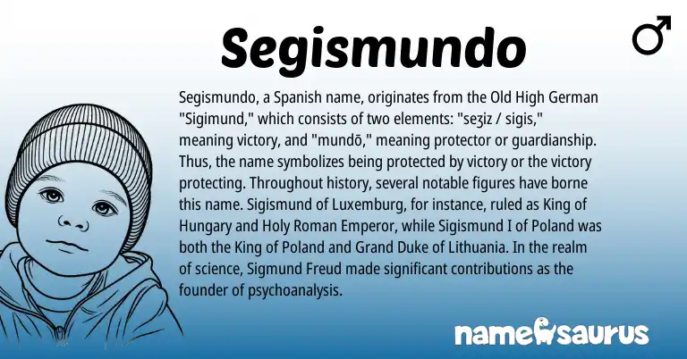 Infographic about Segismundo name meaning, Segismundo is a name from Old High German, Spanish, Roman origin(s).