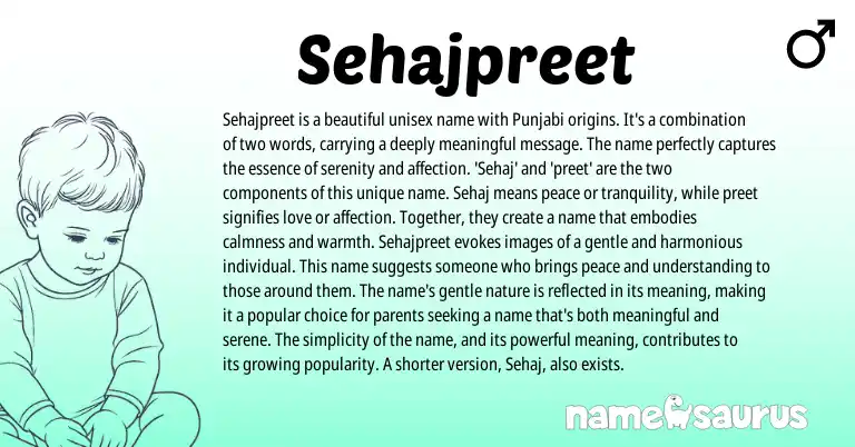Infographic about Sehajpreet name meaning, Sehajpreet is a name from Punjabi, Sikh origin(s).