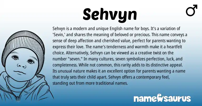 Infographic about Sehvyn name meaning, Sehvyn is a name from English origin(s).