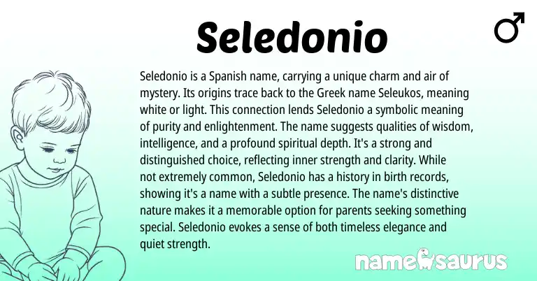 Infographic about Seledonio name meaning, Seledonio is a name from Spanish, Greek origin(s).
