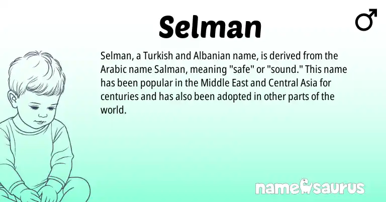 Infographic about Selman name meaning, Selman is a name from Middle East, Arabic, Albanian, Turkish origin(s).