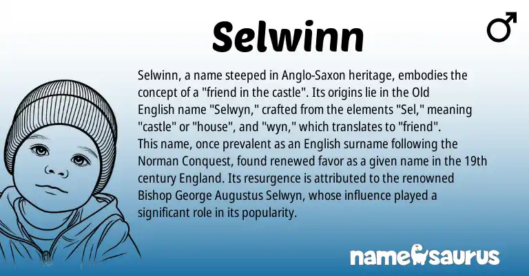 Infographic about Selwinn name meaning, Selwinn is a name from Anglo-Saxon, English, England, Old English, Norman origin(s).