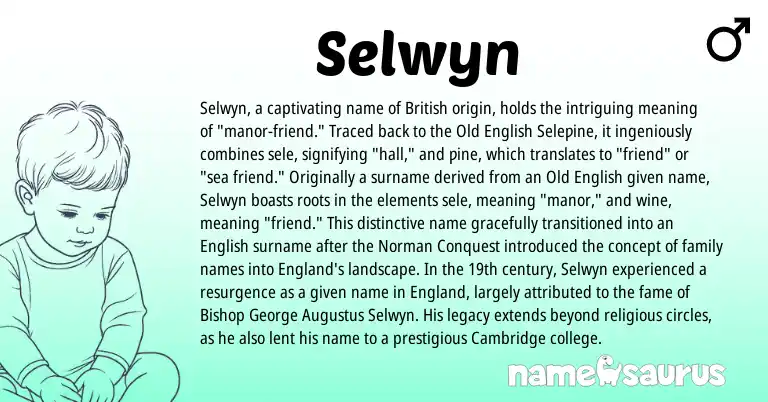 Infographic about Selwyn name meaning, Selwyn is a name from British, English, England, Old English, Norman origin(s).