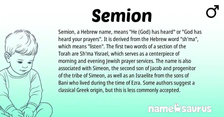 Infographic about Semion name meaning, Semion is a name from Jewish, Torah, Hebrew, Greek origin(s).