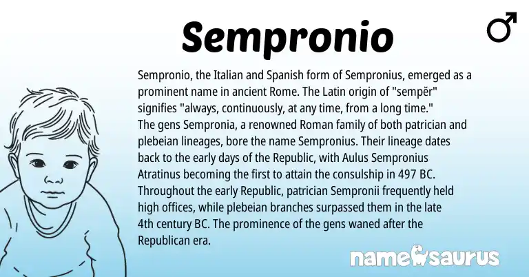 Infographic about Sempronio name meaning, Sempronio is a name from Roman, Spanish, Latin, Italian origin(s).