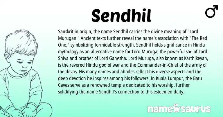 Infographic about Sendhil name meaning, Sendhil is a name from Sanskrit, Hindu origin(s).