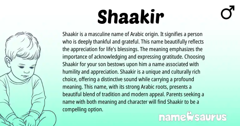 Infographic about Shaakir name meaning, Shaakir is a name from Arabic origin(s).