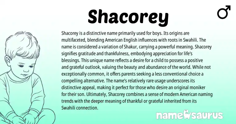 Infographic about Shacorey name meaning, Shacorey is a name from African, Swahili origin(s).
