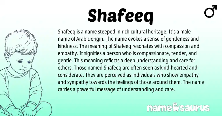 Infographic about Shafeeq name meaning, Shafeeq is a name from Arabic origin(s).