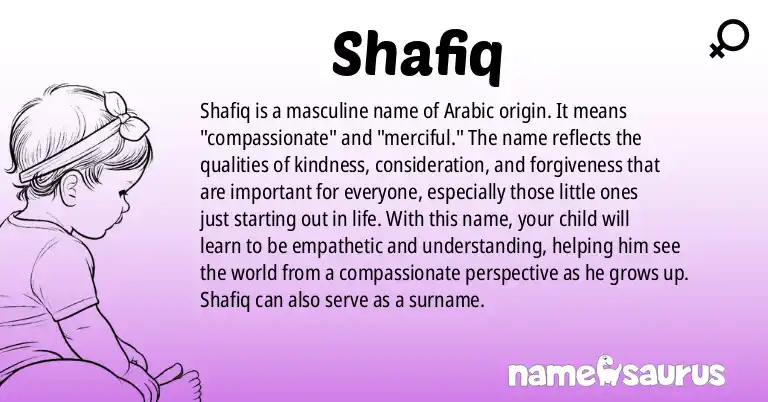 Infographic about Shafiq name meaning, Shafiq is a name from Arabic origin(s).