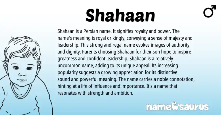 Infographic about Shahaan name meaning, Shahaan is a name from Sanskrit, Persian origin(s).