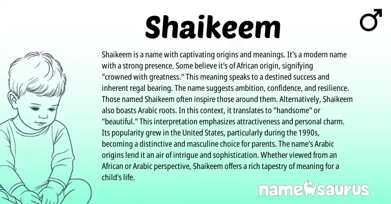 Infographic about Shaikeem name meaning, Shaikeem is a name from African, American origin(s).