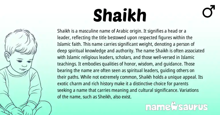 Infographic about Shaikh name meaning, Shaikh is a name from Arabic origin(s).
