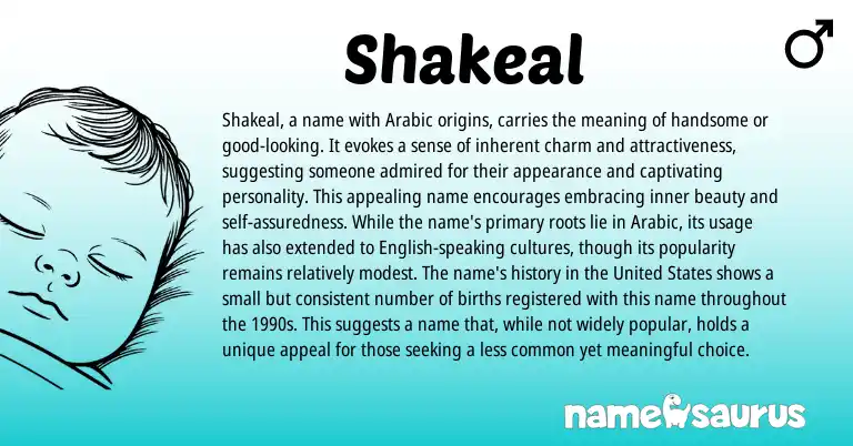 Infographic about Shakeal name meaning, Shakeal is a name from Arabic origin(s).