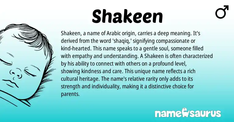 Infographic about Shakeen name meaning, Shakeen is a name from English, Arabic origin(s).