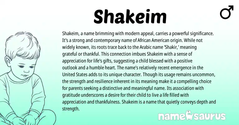 Infographic about Shakeim name meaning, Shakeim is a name from American, African, Arabic origin(s).