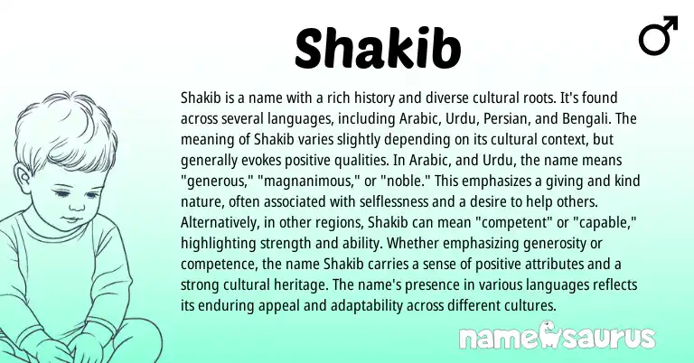 Infographic about Shakib name meaning, Shakib is a name from Persian, Arabic origin(s).