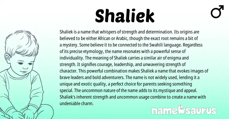 Infographic about Shaliek name meaning, Shaliek is a name from African, Swahili origin(s).