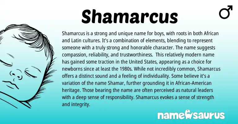 Infographic about Shamarcus name meaning, Shamarcus is a name from Latin, African origin(s).