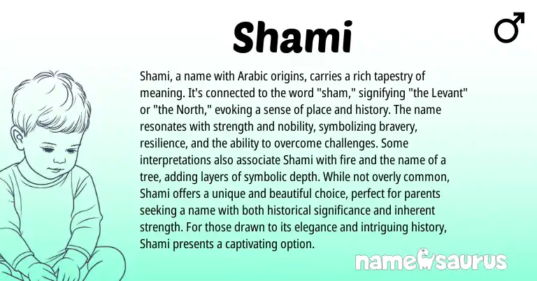Infographic about Shami name meaning, Shami is a name from Indian, Arabic origin(s).