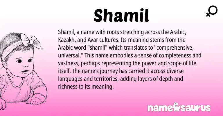 Infographic about Shamil name meaning, Shamil is a name from Arabic, Kazakh, Avar, Chechen origin(s).