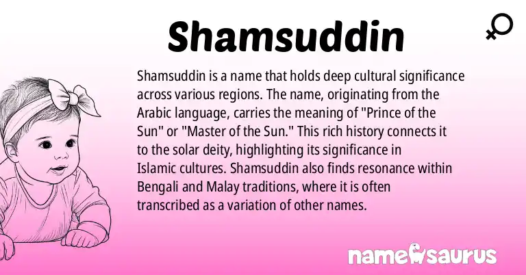 Infographic about Shamsuddin name meaning, Shamsuddin is a name from Arabic, Bengali, Malay origin(s).