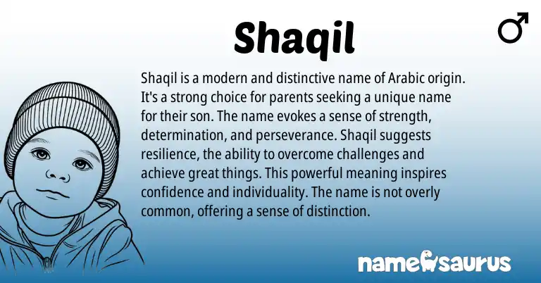 Infographic about Shaqil name meaning, Shaqil is a name from Arabic origin(s).