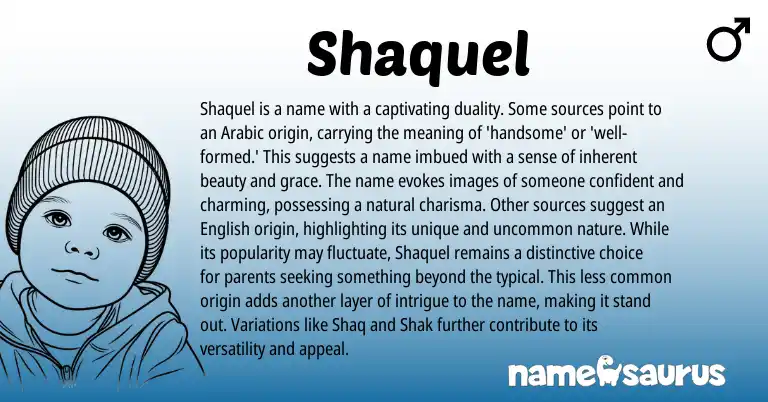 Infographic about Shaquel name meaning, Shaquel is a name from Arabic origin(s).