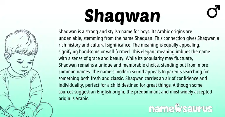 Infographic about Shaqwan name meaning, Shaqwan is a name from Arabic origin(s).