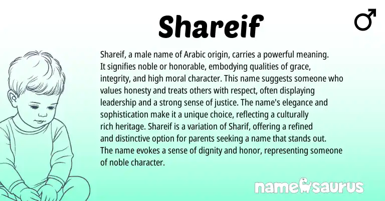 Infographic about Shareif name meaning, Shareif is a name from Arabic origin(s).