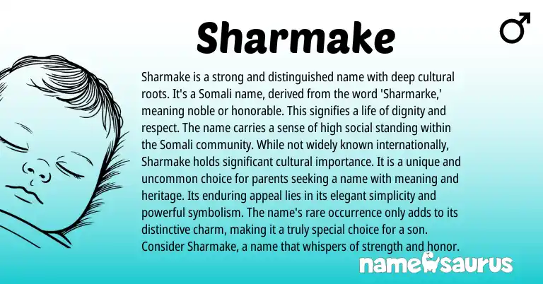 Infographic about Sharmake name meaning, Sharmake is a name from Somali origin(s).