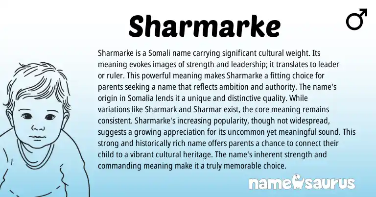 Infographic about Sharmarke name meaning, Sharmarke is a name from Somali origin(s).