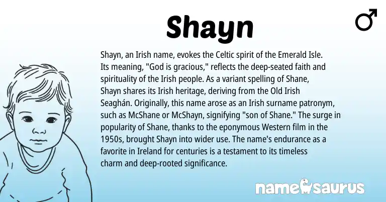 Infographic about Shayn name meaning, Shayn is a name from Irish, Ireland, Celtic, Old Irish origin(s).