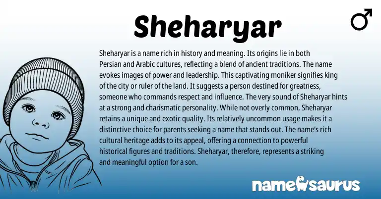 Infographic about Sheharyar name meaning, Sheharyar is a name from Persian origin(s).
