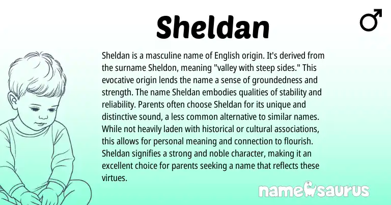 Infographic about Sheldan name meaning, Sheldan is a name from English origin(s).