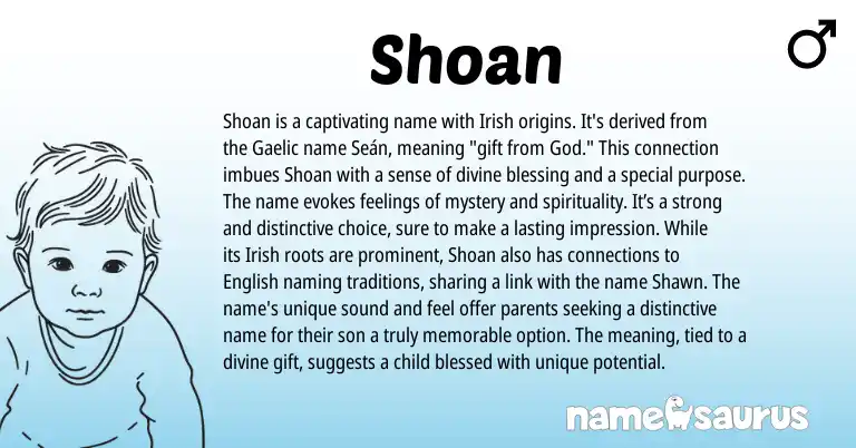 Infographic about Shoan name meaning, Shoan is a name from Gaelic, Irish origin(s).